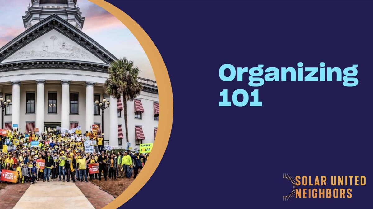 Crowd of individuals standing in front of a local city Capitol building with text on the right that reads "Organizing 101."