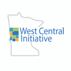 West Central Initiative logo. A white image with a grey outline of Minnesota with Blue text and the counties served highlighted.