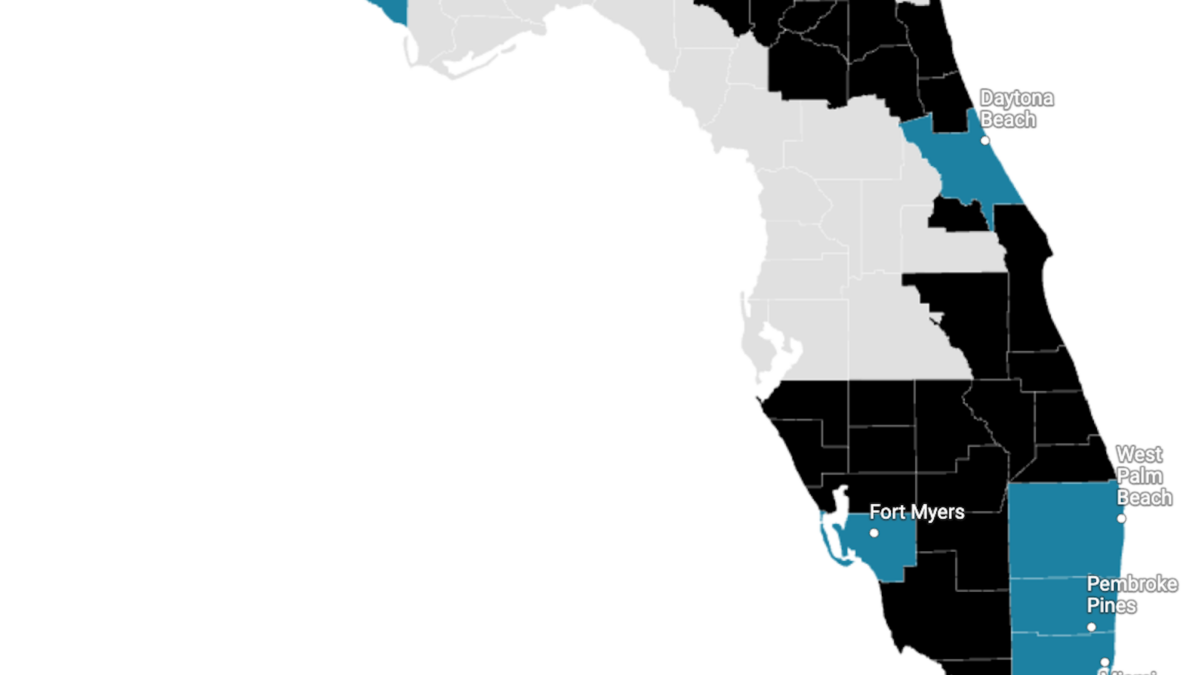 map of Florida showing counties FPL serves where rate hearings are occurring. Hearings are only happening in 7 of 43 counties served by FPL.