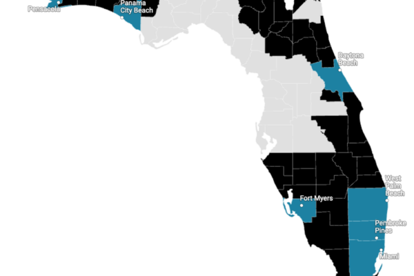 map of Florida showing counties FPL serves where rate hearings are occurring. Hearings are only happening in 7 of 43 counties served by FPL.
