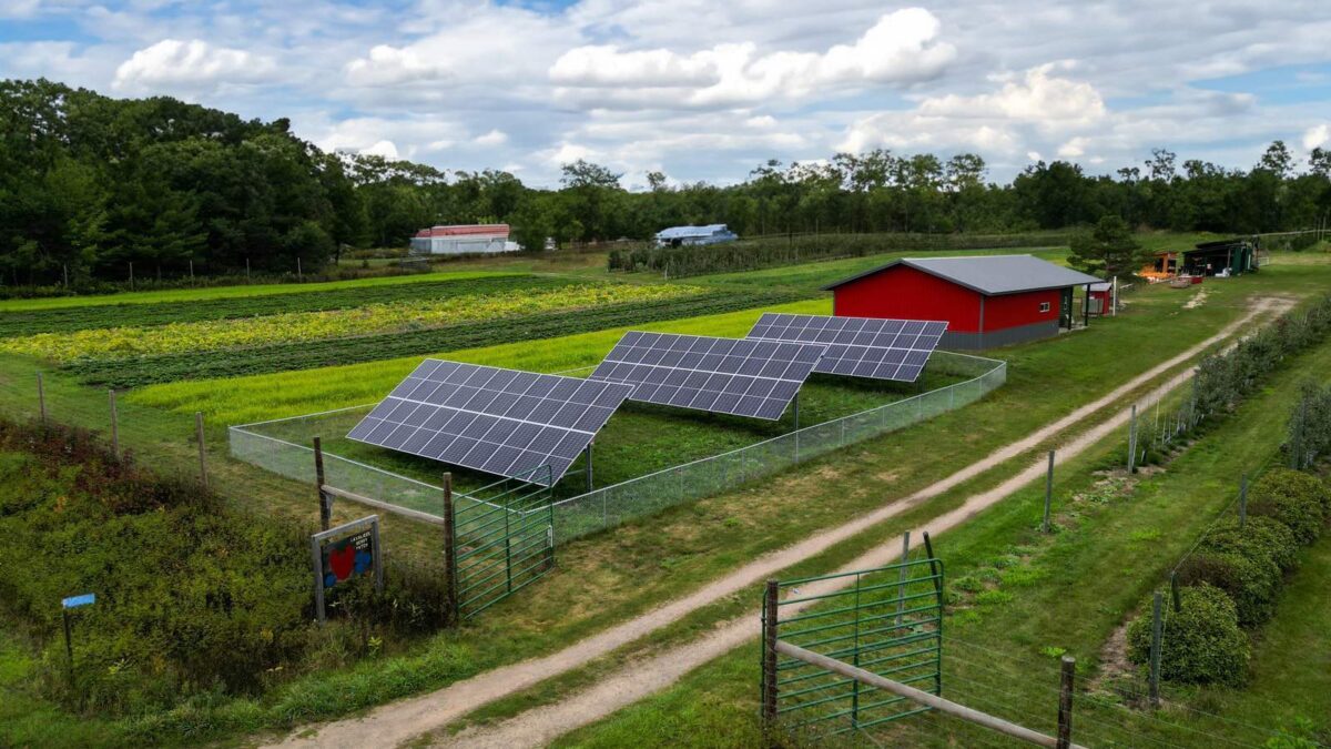Photo of a ground mount solar array on a farm with a red building