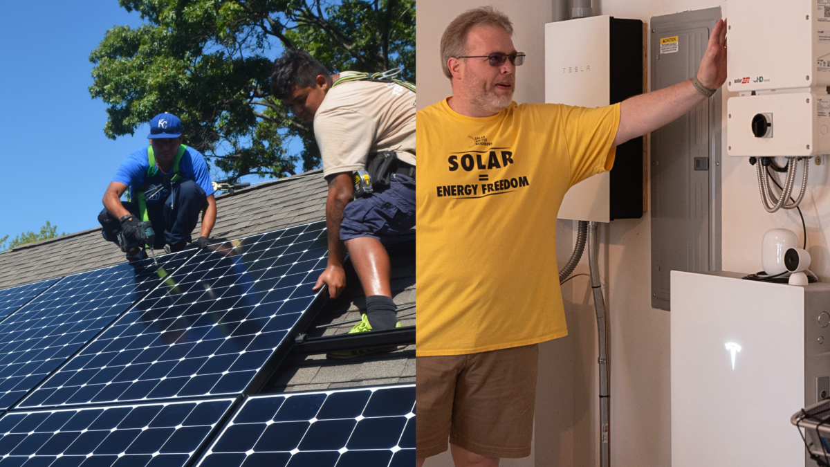 Solar homeowner with battery storage system and workers installing rooftop solar