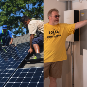 left image has two rooftop solar workers installing solar on a roof. right image has a person pointing at their home battery system.